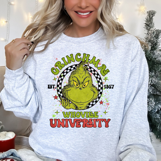 Grinchmas Whoville University  , ready to press DTF TRANSFER ,shirt iron on