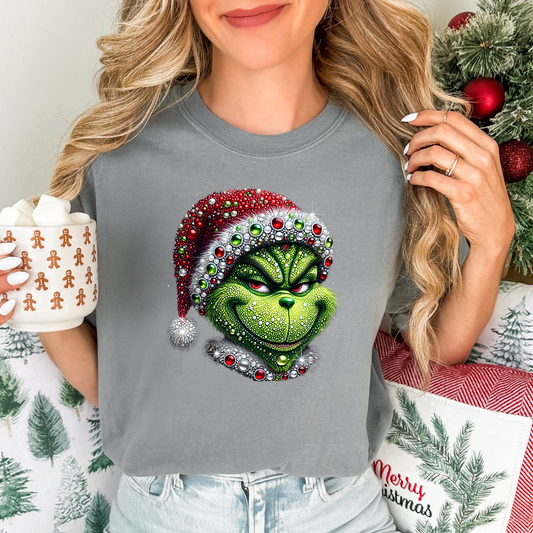 Faux Sparkle Beaded Grinch , ready to press DTF TRANSFER ,shirt iron on (Copy) (Copy)