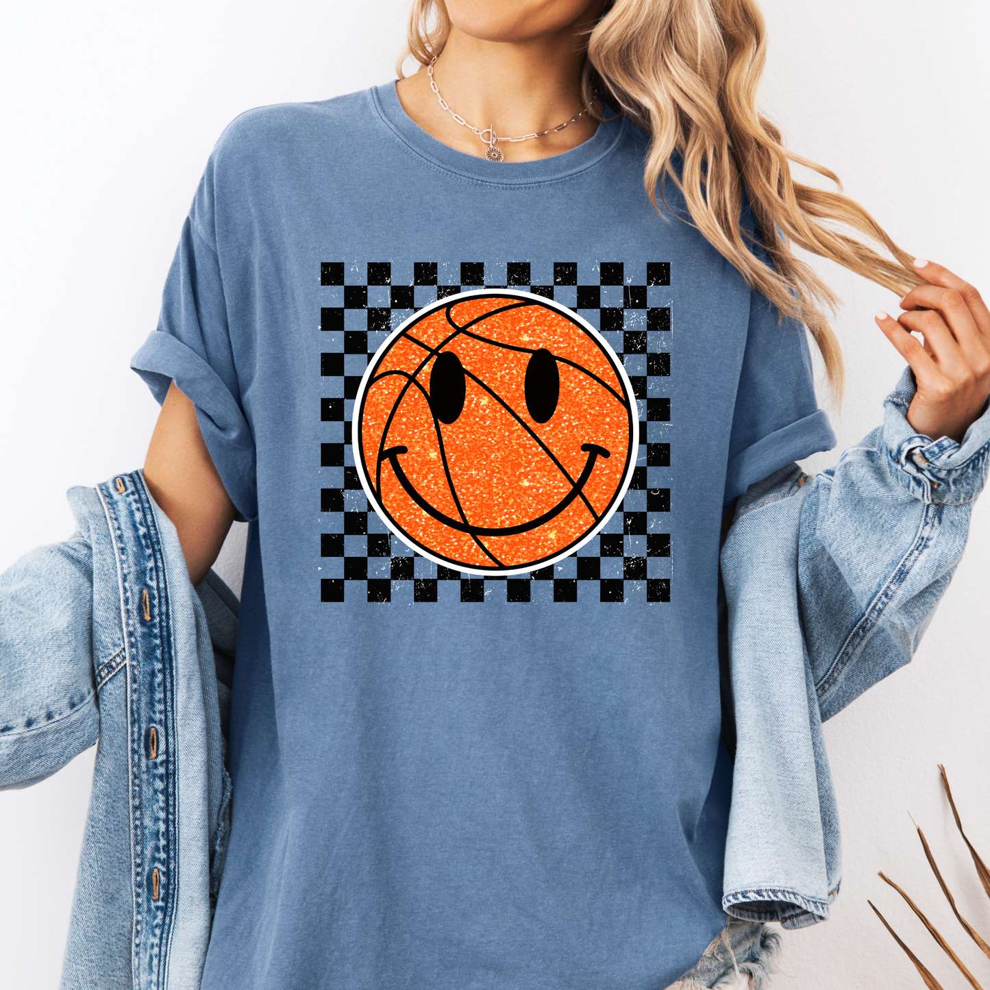 Basketball checkered Smiley face, DTF, Ready to press DTF TRANSFER (Copy)