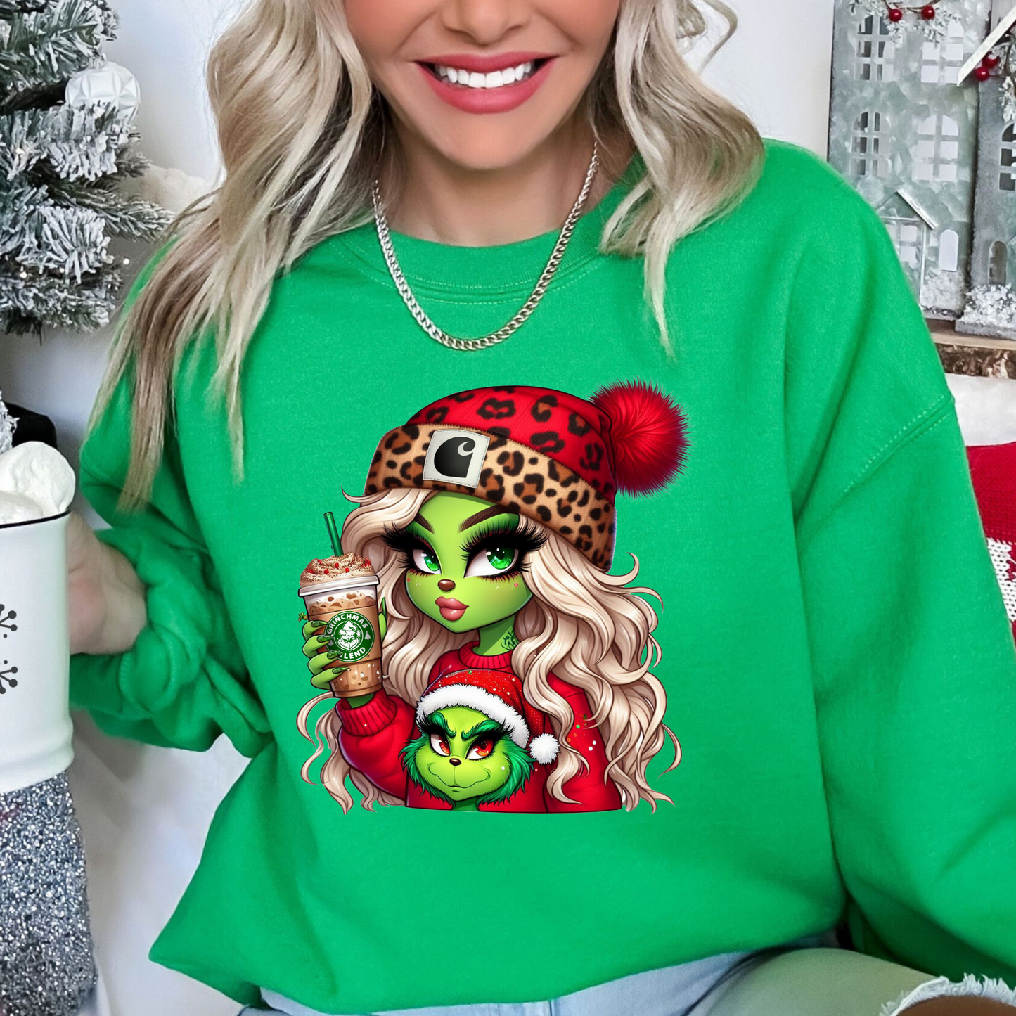 Blonde Grinch girl with coffee  , ready to press DTF TRANSFER ,shirt iron on