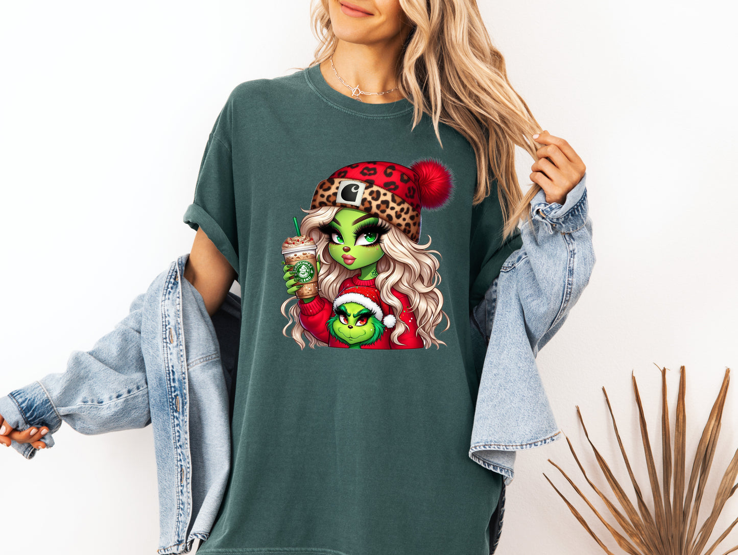 Blonde Grinch girl with coffee  , ready to press DTF TRANSFER ,shirt iron on