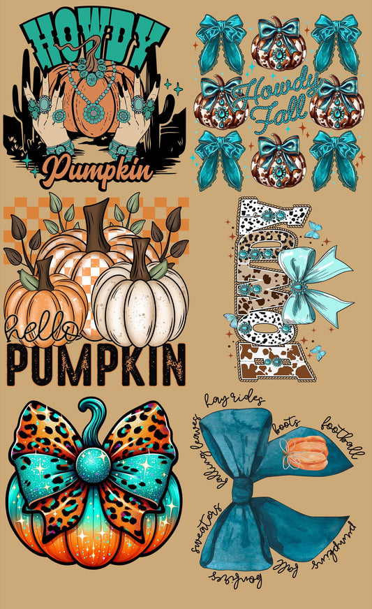 Western Teal Rustic Style Fall Gang Sheet Pumpkins, ready to press DTF TRANSFER ,shirt iron on