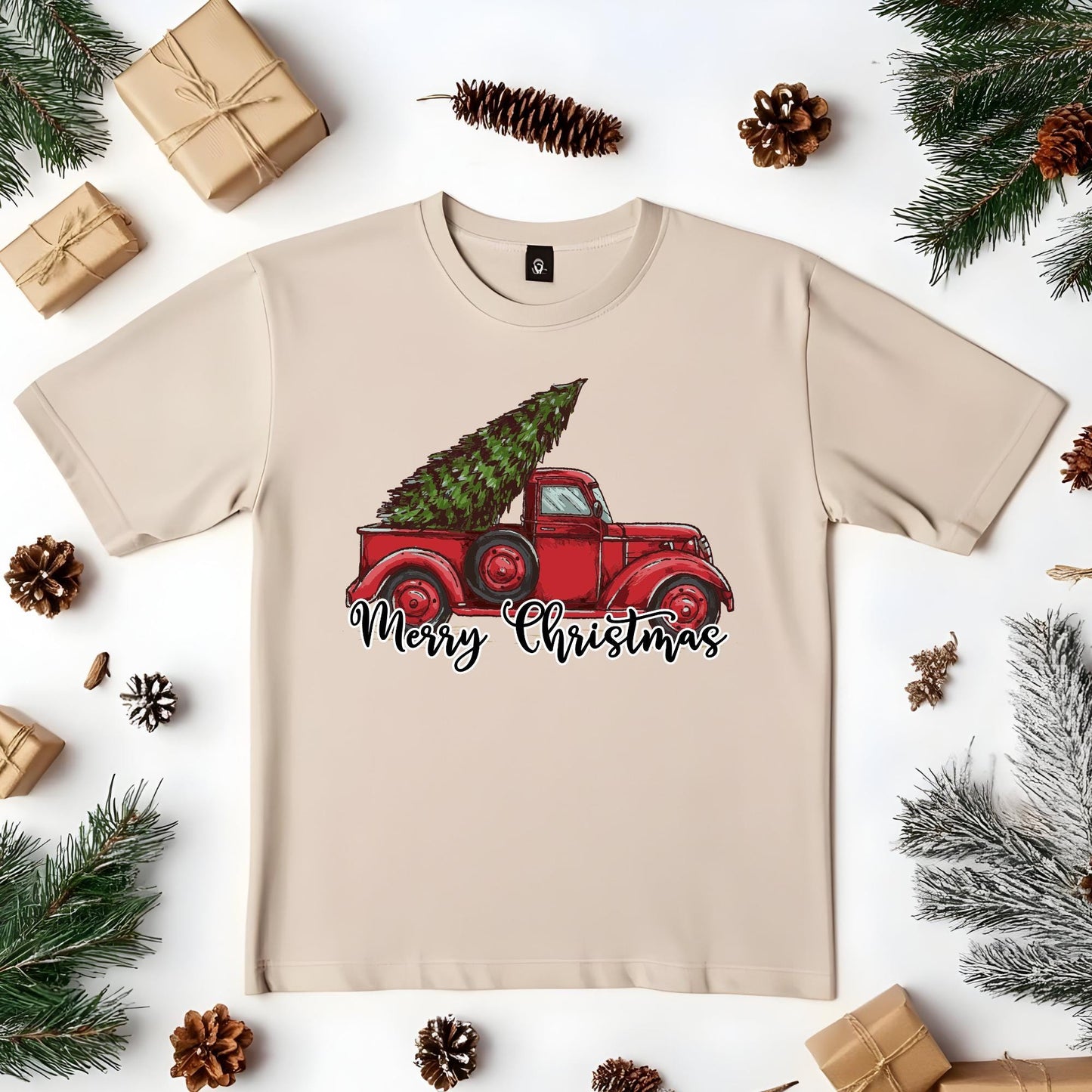 Vintage Merry Christmas Red Truck , ready to press DTF TRANSFER ,shirt iron on