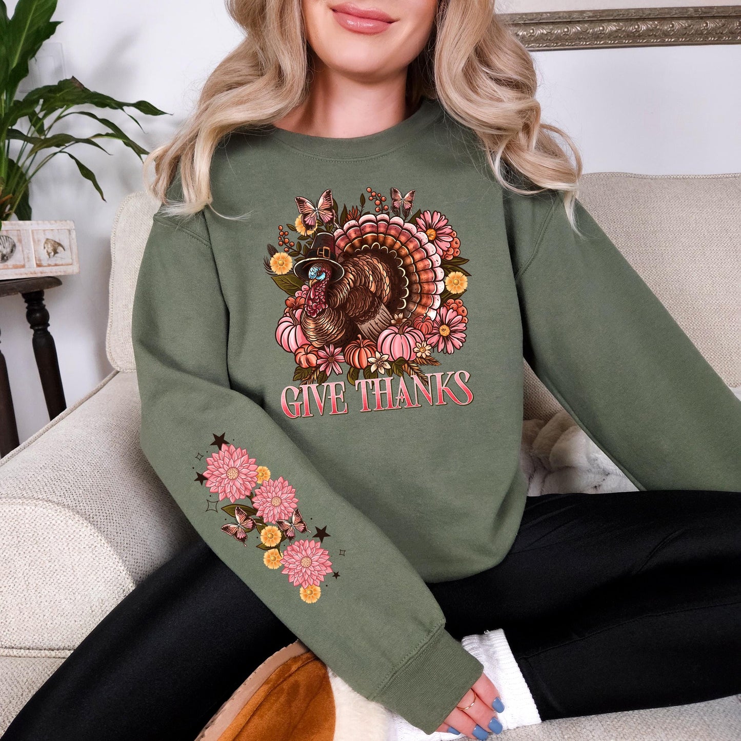 Give Thanks Floral Turkey, WITH Sleeves DTF Print, Press on, Heat Press DTF