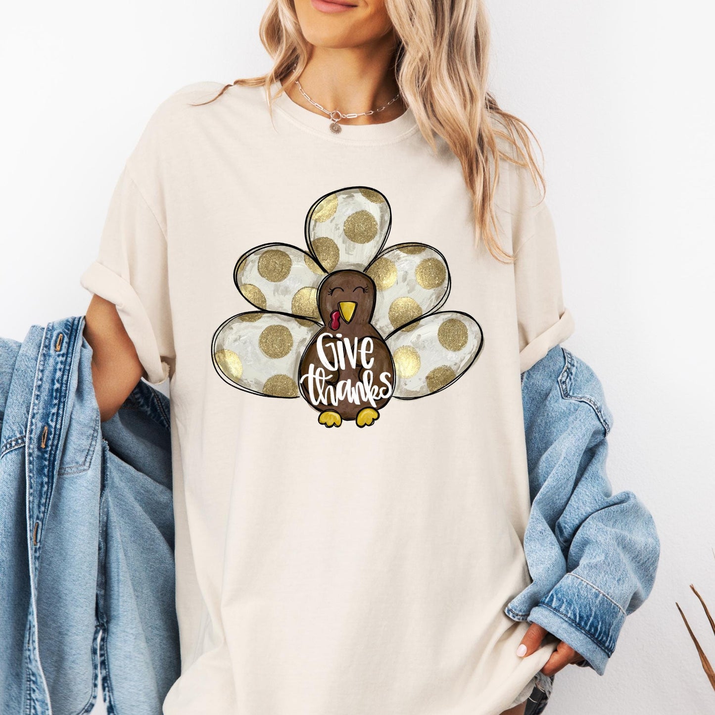 Give Thanks Gold polka dot  turkey, DTF Shirt Transfer, Thanksgiving