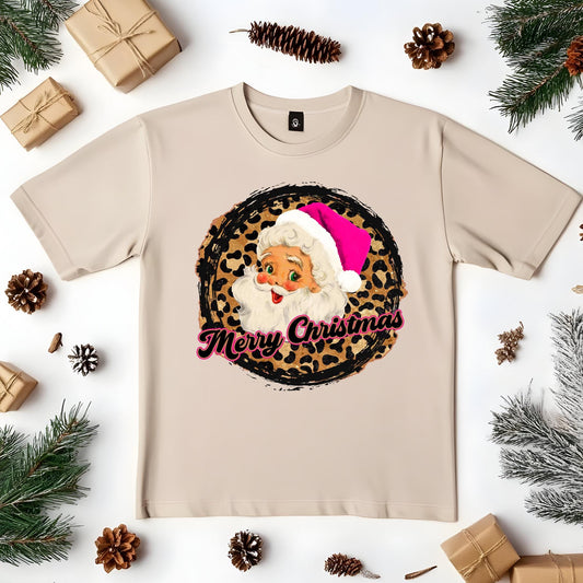 Pink & Leopard Santa Merry Christmas , ready to press DTF TRANSFER ,shirt iron on