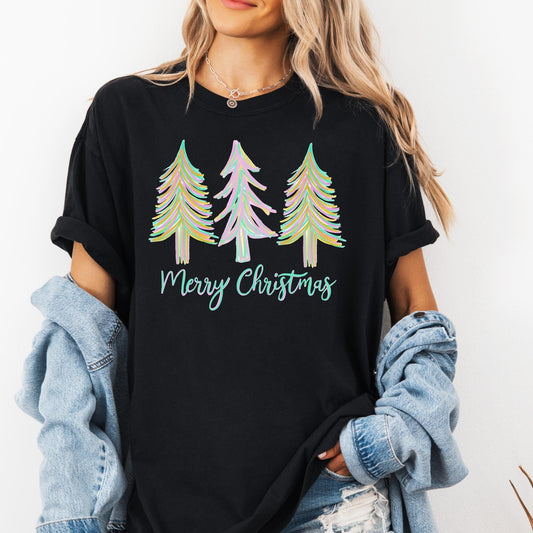 Merry Christmas watercolor trees , ready to press DTF TRANSFER ,shirt iron on