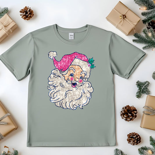 Glitter Pink Santa Vintage, ready to press DTF TRANSFER ,shirt iron on