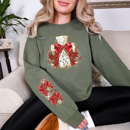 Floral Cross Christmas,WITH Sleeves DTF Print, Press on, Heat Press DTF