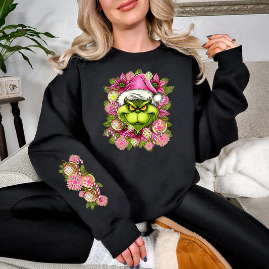 Floral Pink and Green Christmas Character ,WITH Sleeves DTF Print, Press on, Heat Press DTF