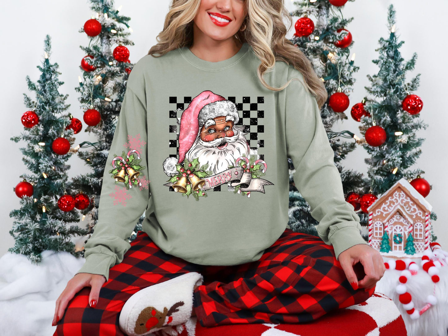 Vintage Checkered Santa ,WITH Sleeves DTF Print, Press on, Heat Press DTF