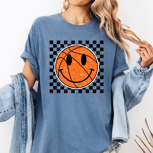 Checkered Basketball faux glitter, DTF, Ready to press DTF TRANSFER