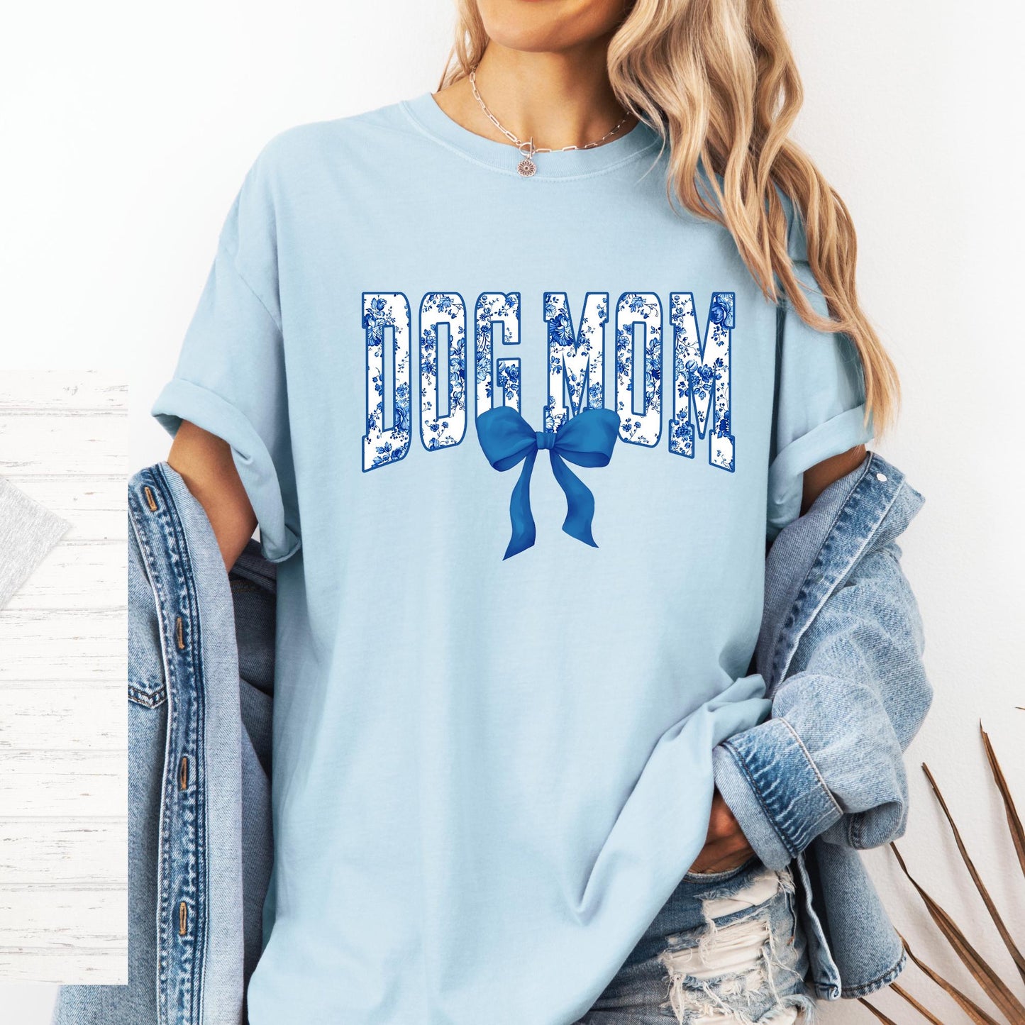 Dog Mom blue floral coquette bow DTF TRANSFER ,shirt iron on.
